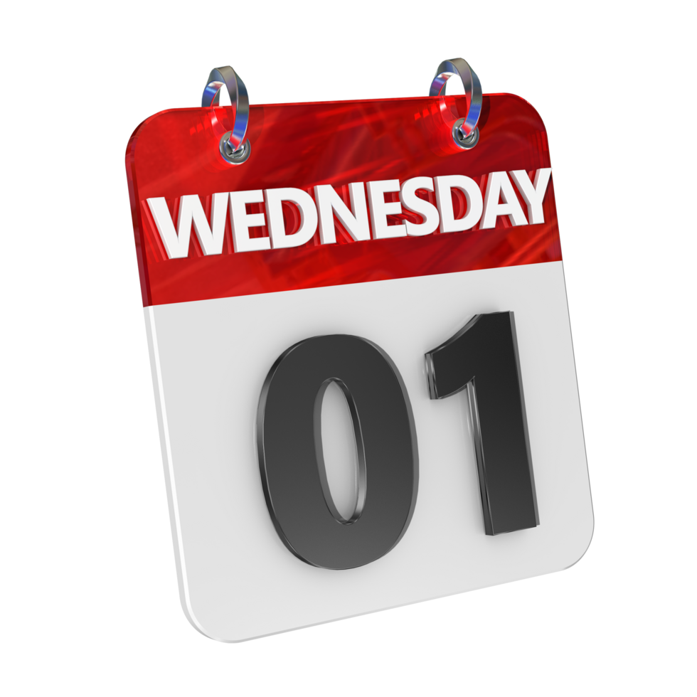 Wednesday 1 Date 3D Icon Isolated, Shiny and Glossy 3D Rendering, Month Date Day Name, Schedule, History png