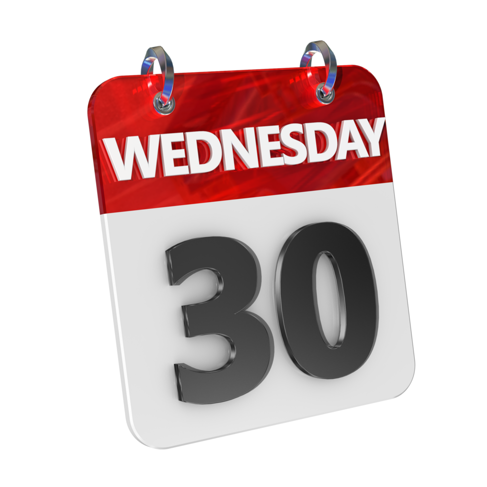 Wednesday 30 Date 3D Icon Isolated, Shiny and Glossy 3D Rendering, Month Date Day Name, Schedule, History png