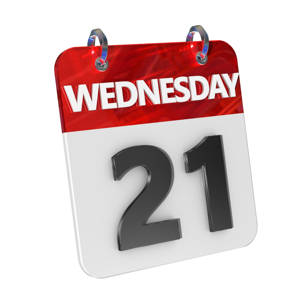 Wednesday 21 Date 3D Icon Isolated, Shiny and Glossy 3D Rendering, Month Date Day Name, Schedule, History png