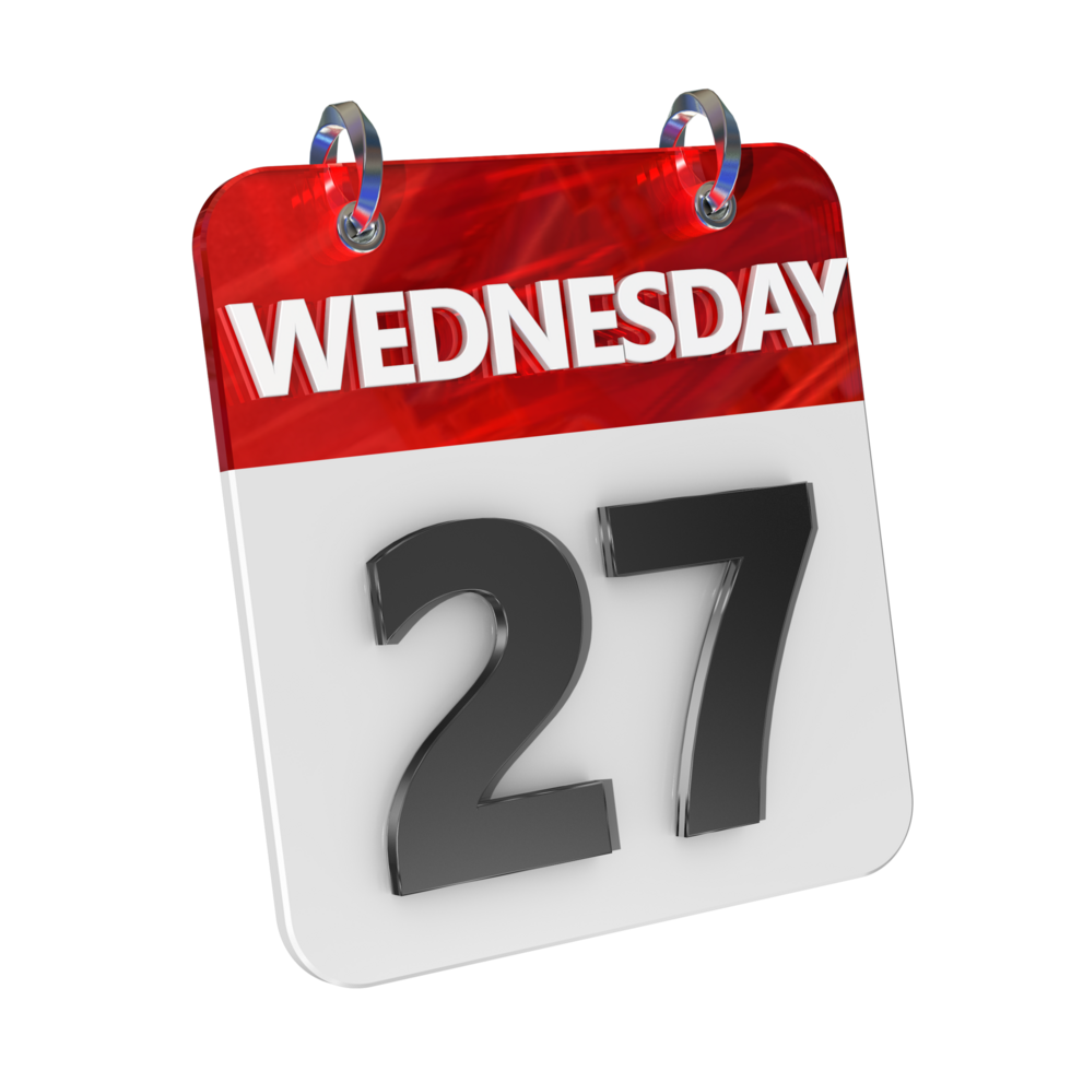 Wednesday 27 Date 3D Icon Isolated, Shiny and Glossy 3D Rendering, Month Date Day Name, Schedule, History png