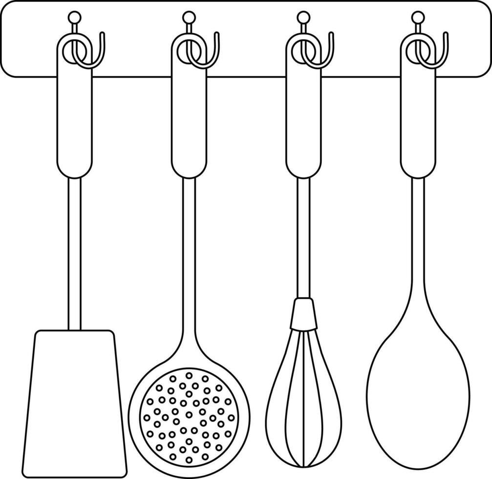 batería de cocina herramientas conjuntos en negro línea arte.. vector