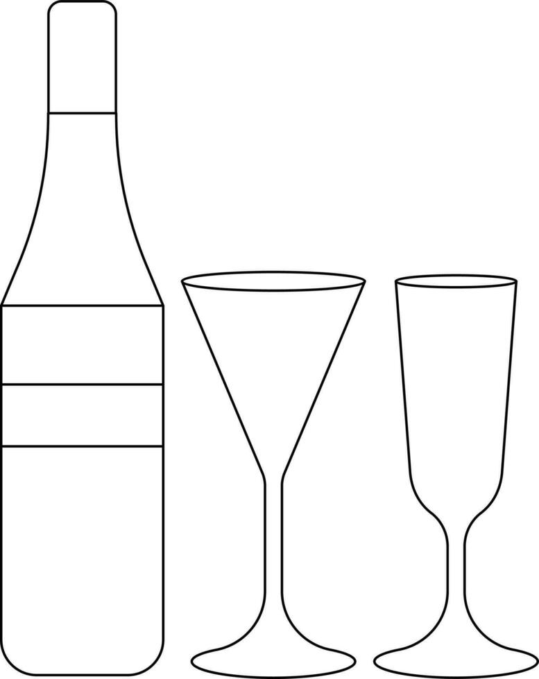 Two cocktail glasses with drink bottle in black line art. vector