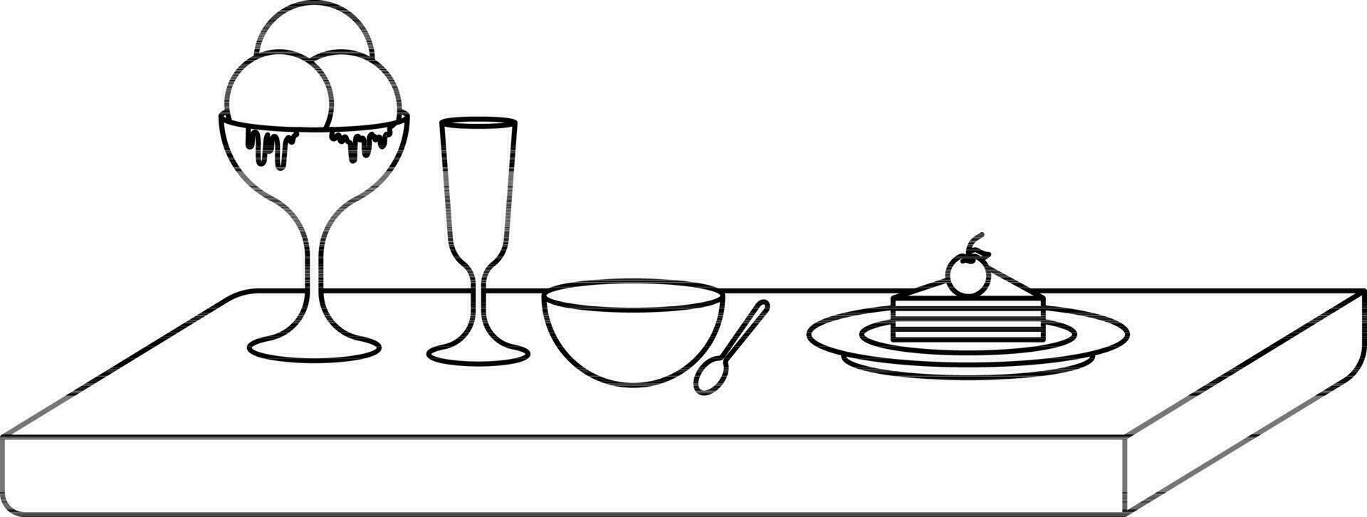 Bowl, spoon, cocktail glasses and ice cream glass decorated on table. vector