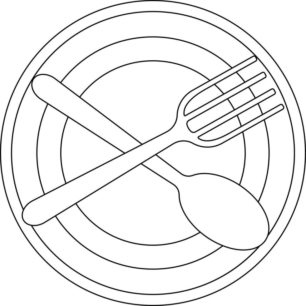 Black line art spoon with fork on plate. vector