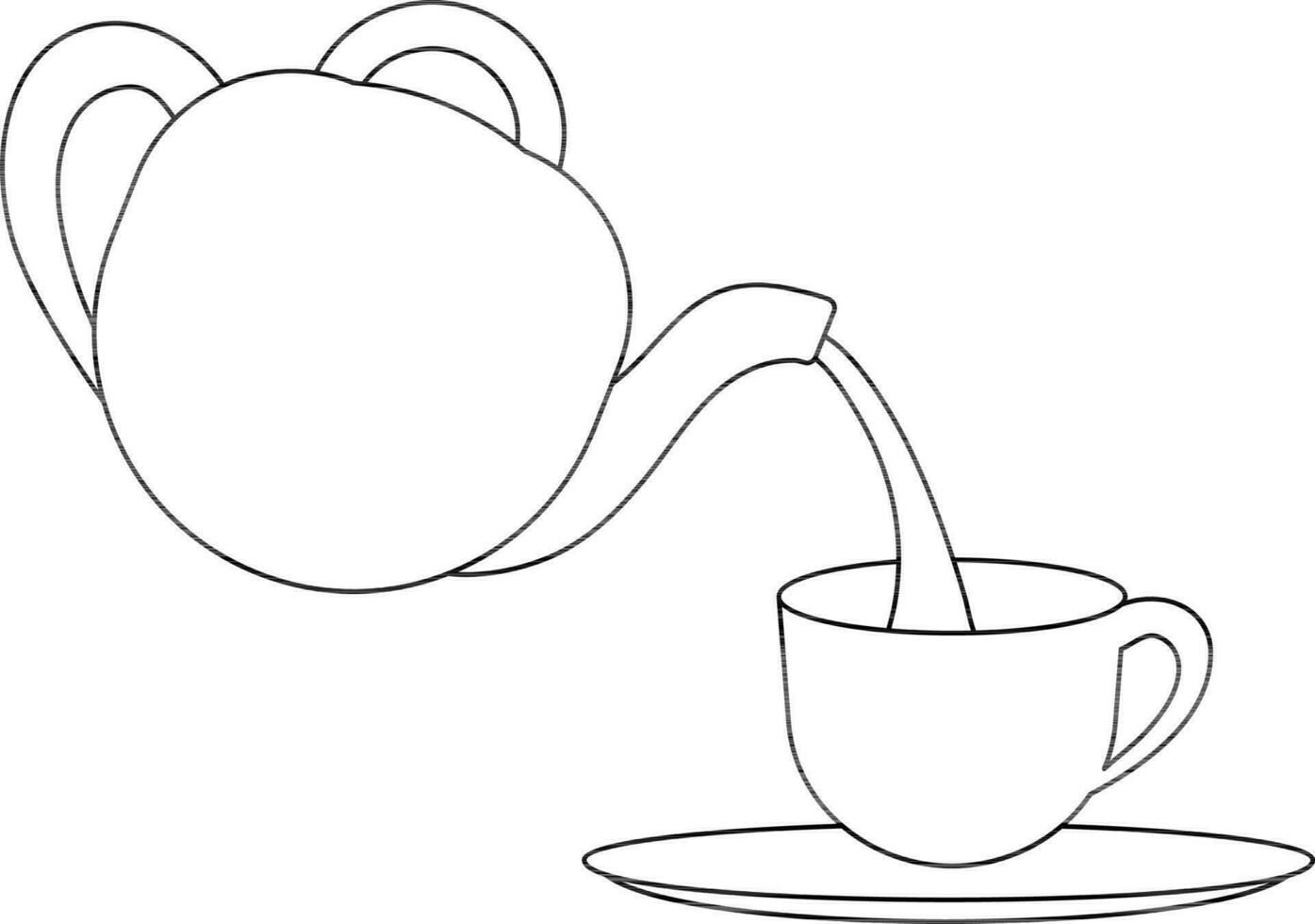 Black line art teapot falling tea in cup. vector