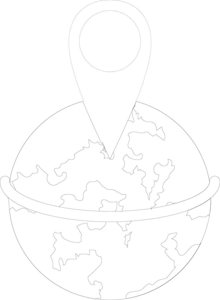 Black line art map pointer on earth globe. vector