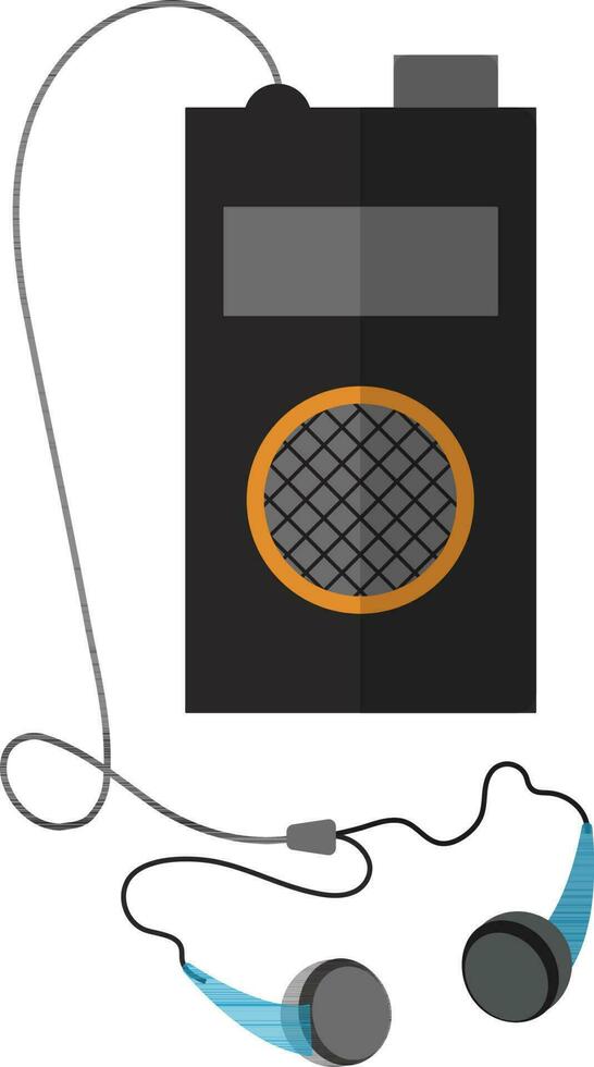 Grey and orange speaker with blue earphone. vector