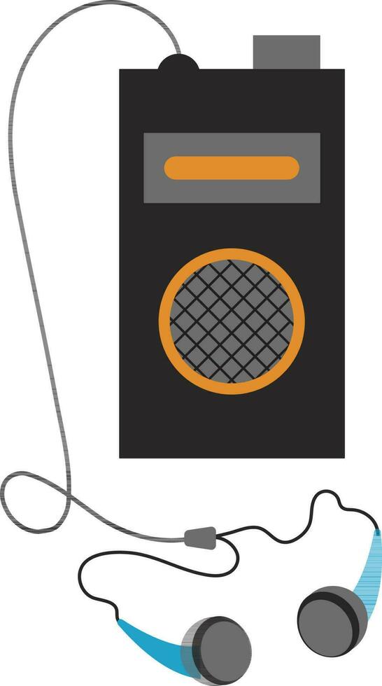 Grey and orange speaker with blue earphone. vector