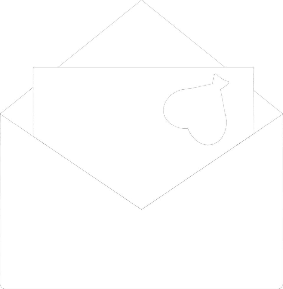 Black line art heart decorated card in envelope. vector