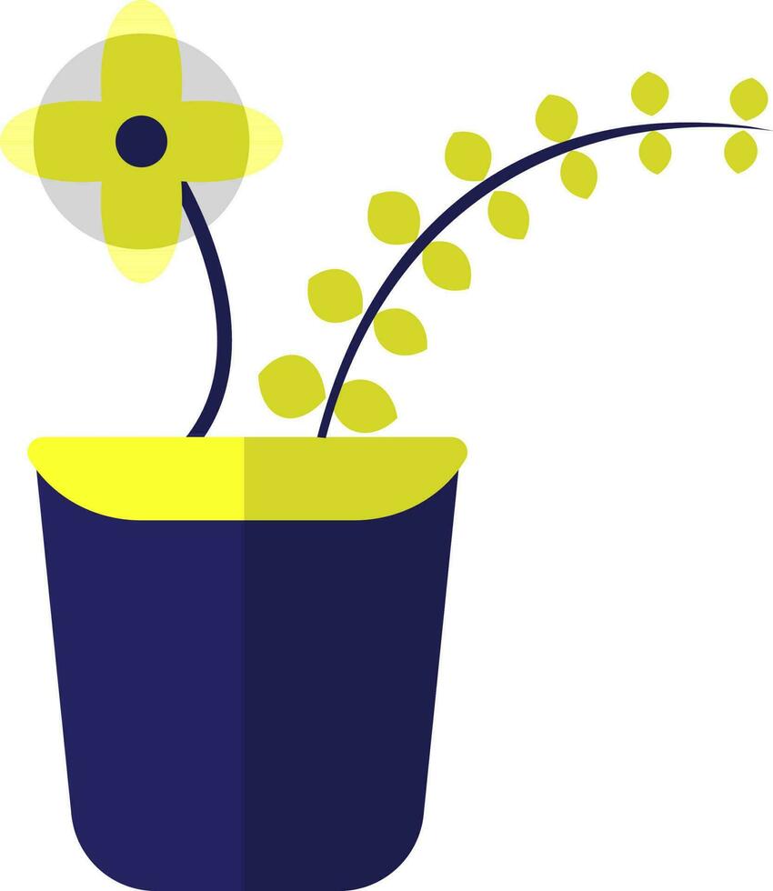 Blue pot of yellow flower with plant. vector
