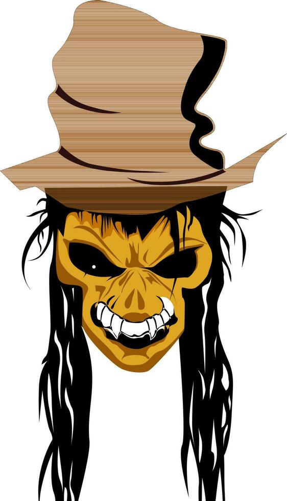 Scary skull face wearing hat with long black hair. vector