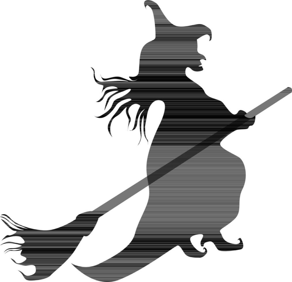 Black color silhouette of flying witch on broom. vector