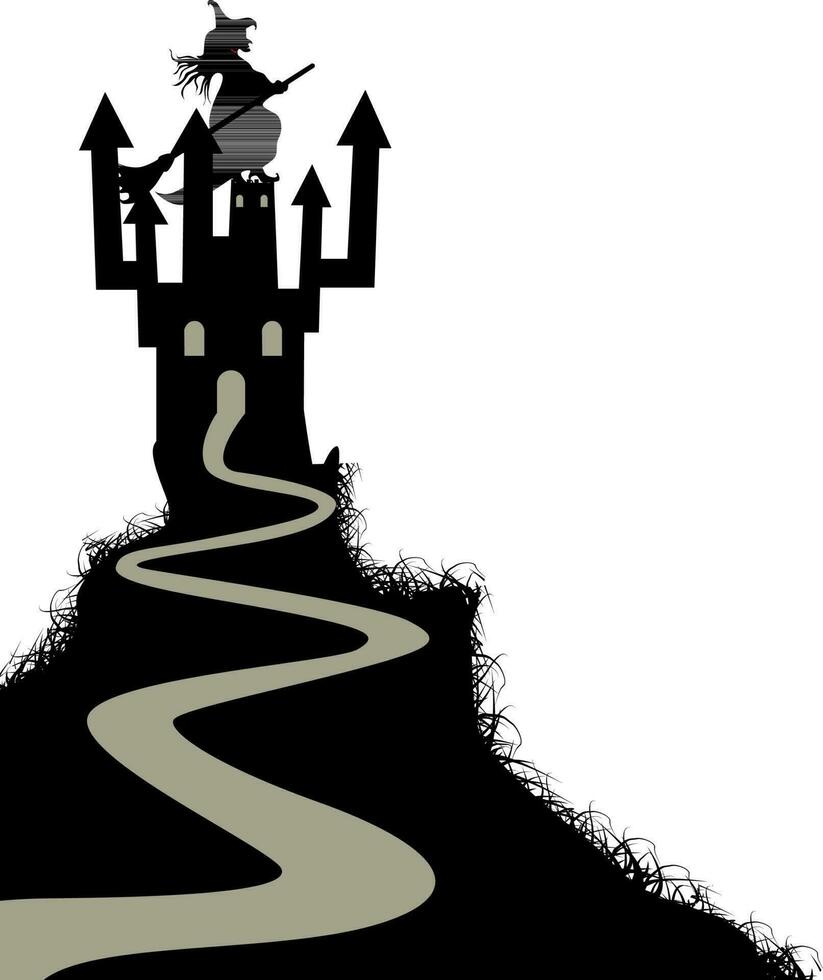 Halloween house with flying witch. vector