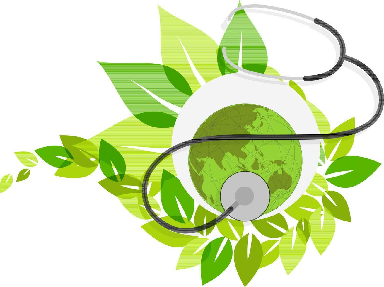 Earth globe with stethoscope on green leaves. vector