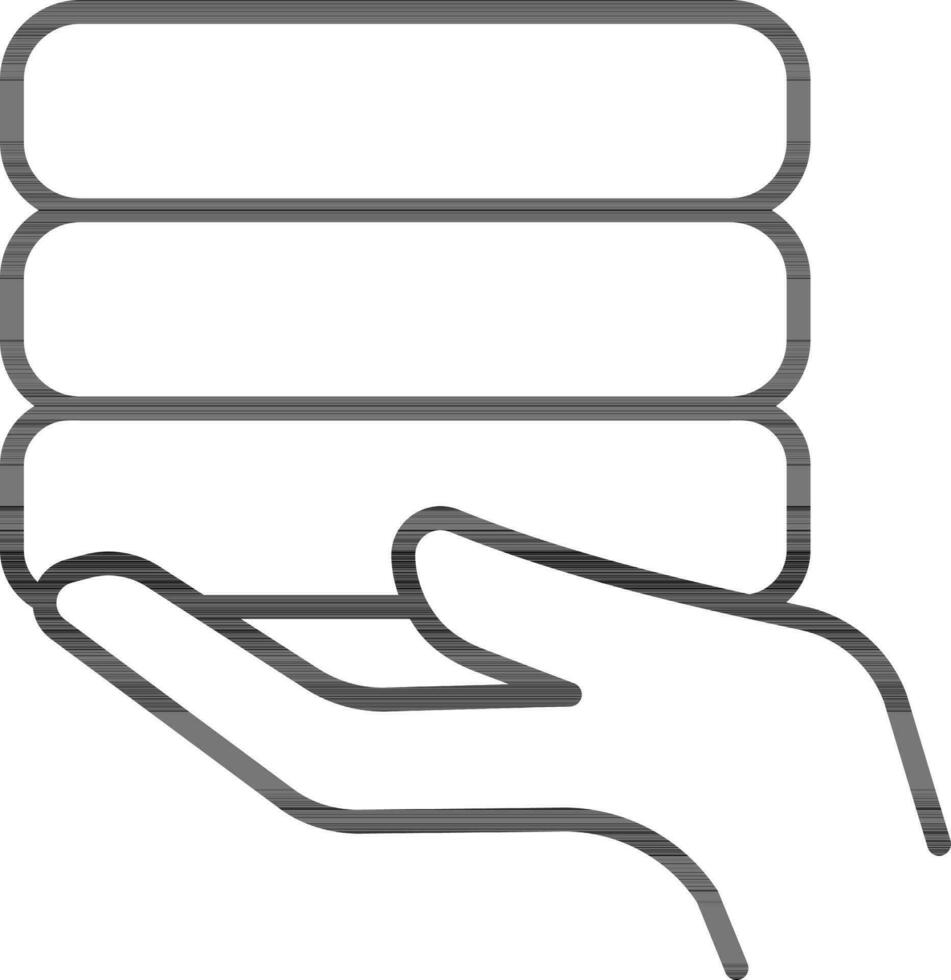 Black Line Illustration of Hand with Stack Icon. vector