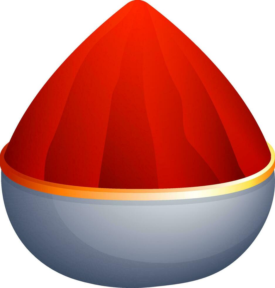 Glossy red dry holi color in gray bowl. vector