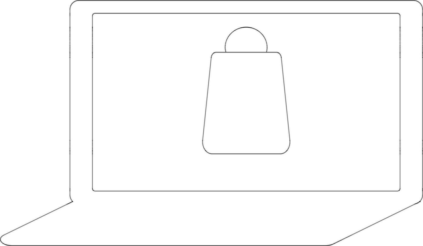 Black line art shopping bag on laptop screen. vector