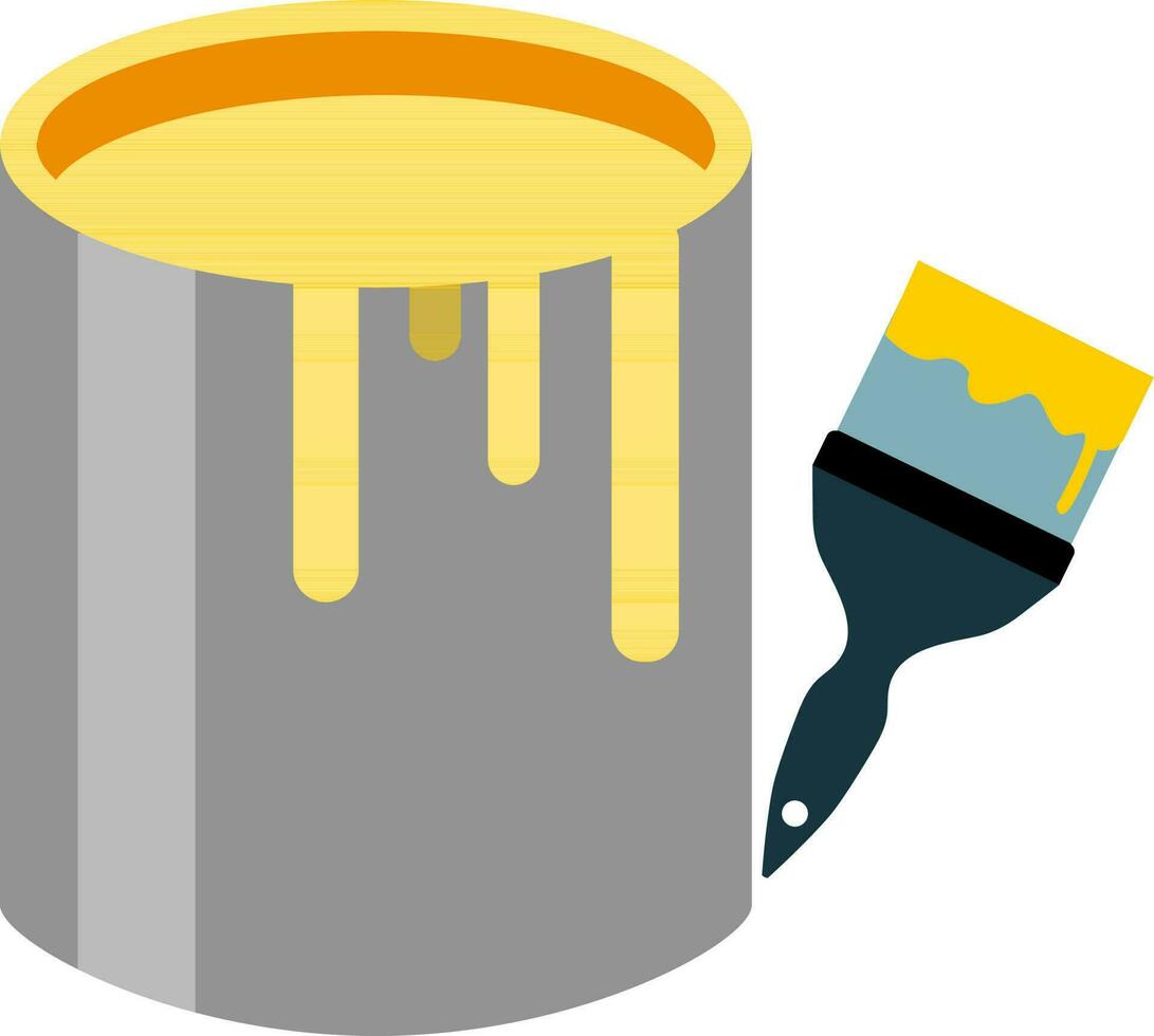 Bucket of yellow color paint with paint brush. vector