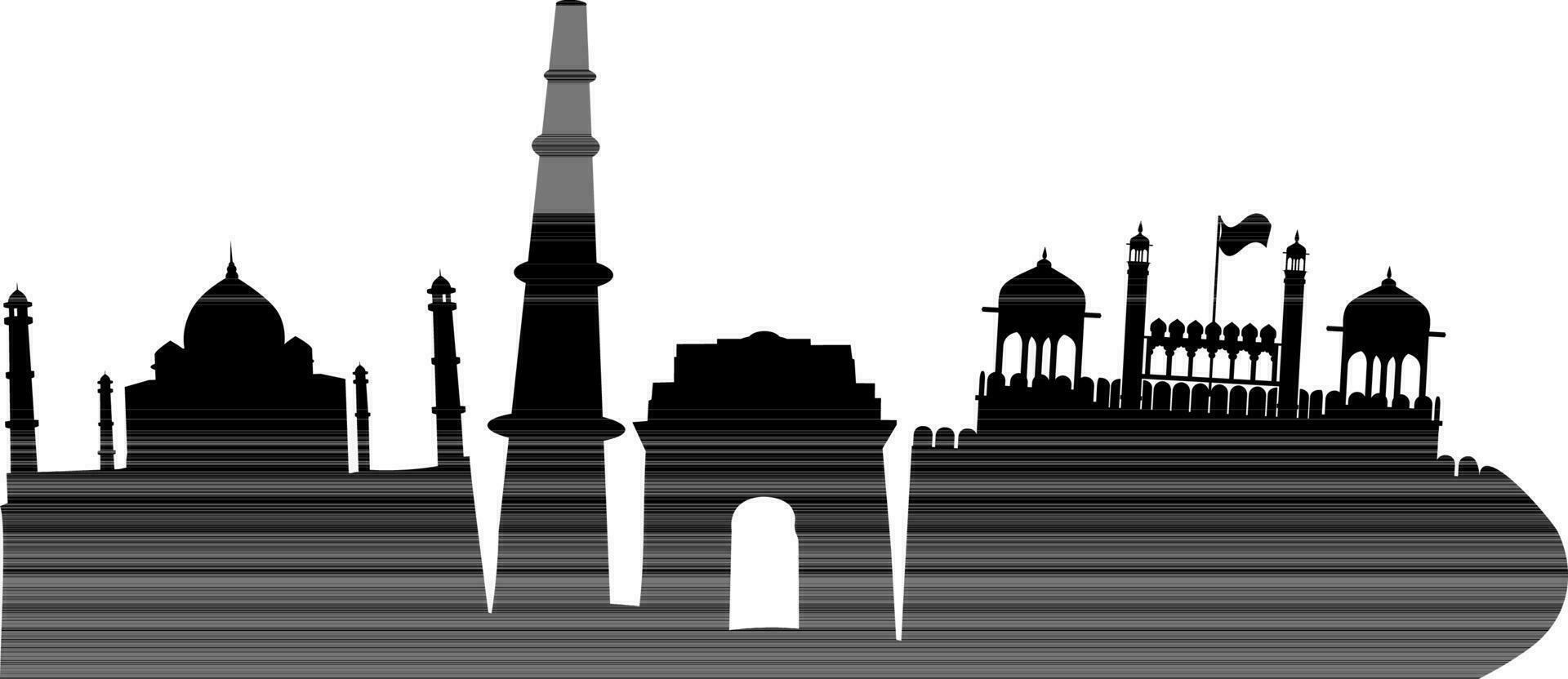 silueta de taj mahal, qutub minar, India portón y rojo fuerte. vector