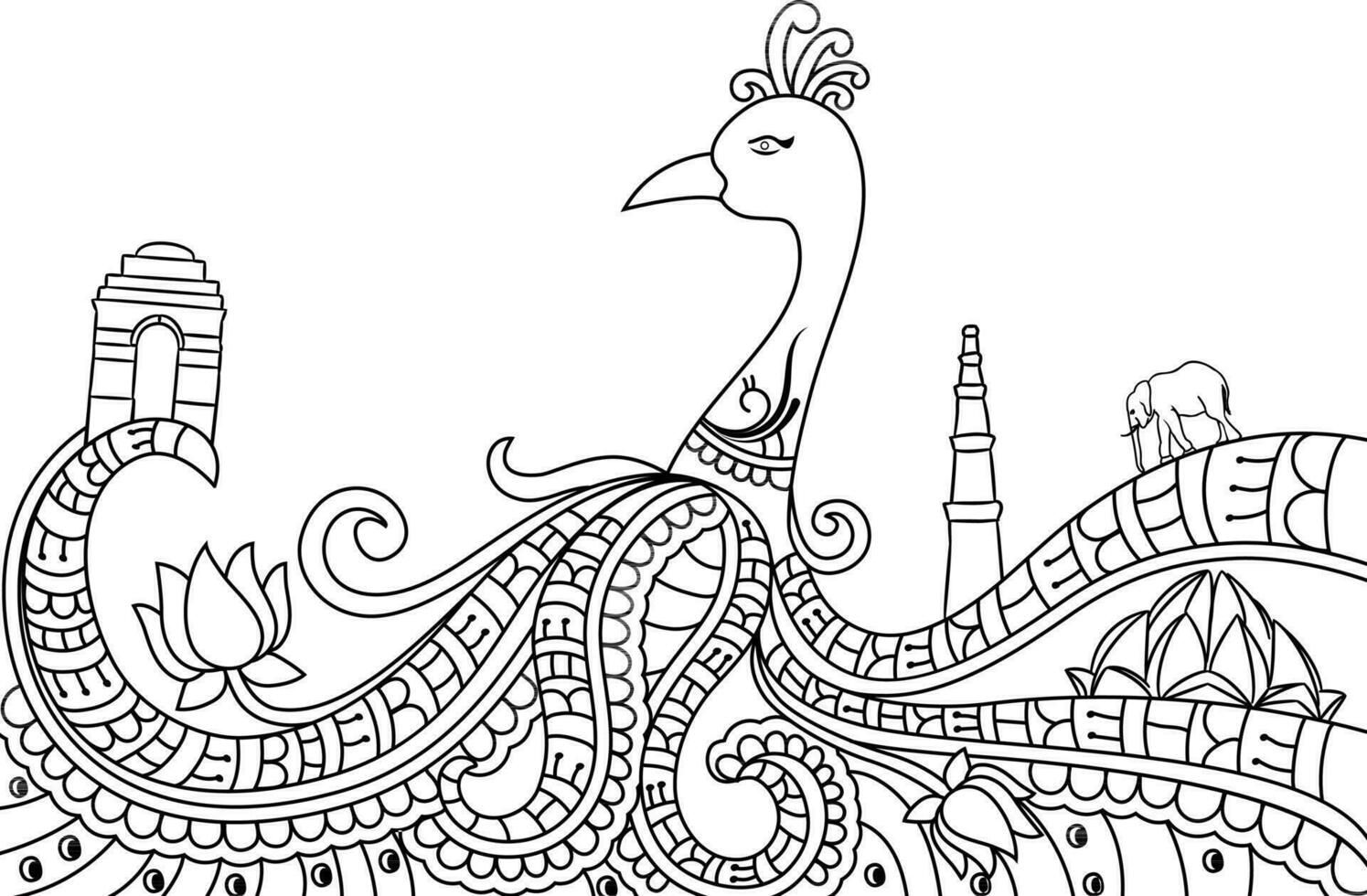 Hand drawn floral doodle peacock with Indian symbols. vector