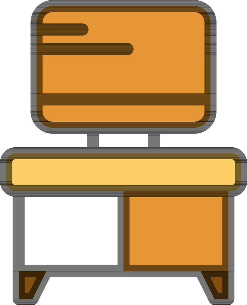 Illustration of Monitor on Drawer Desk Icon in Yellow and Light Brown Color. vector