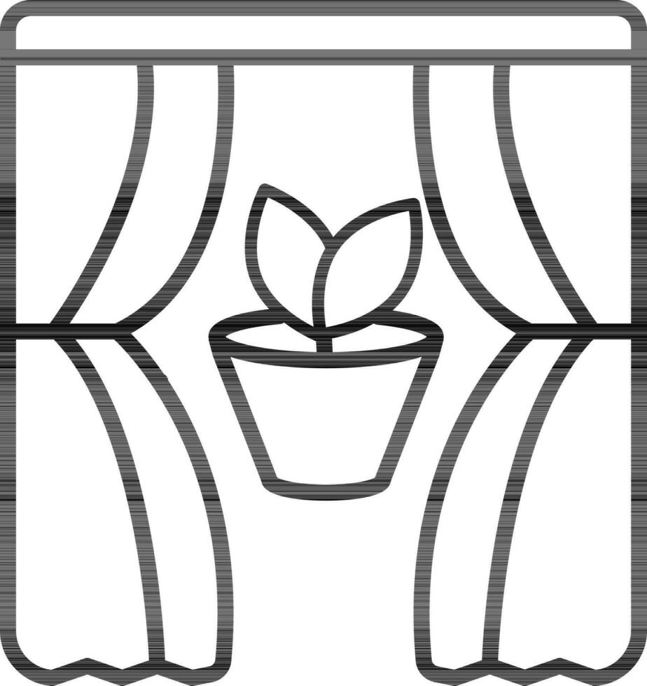 Open window curtain with leaf plant icon in black line art. vector