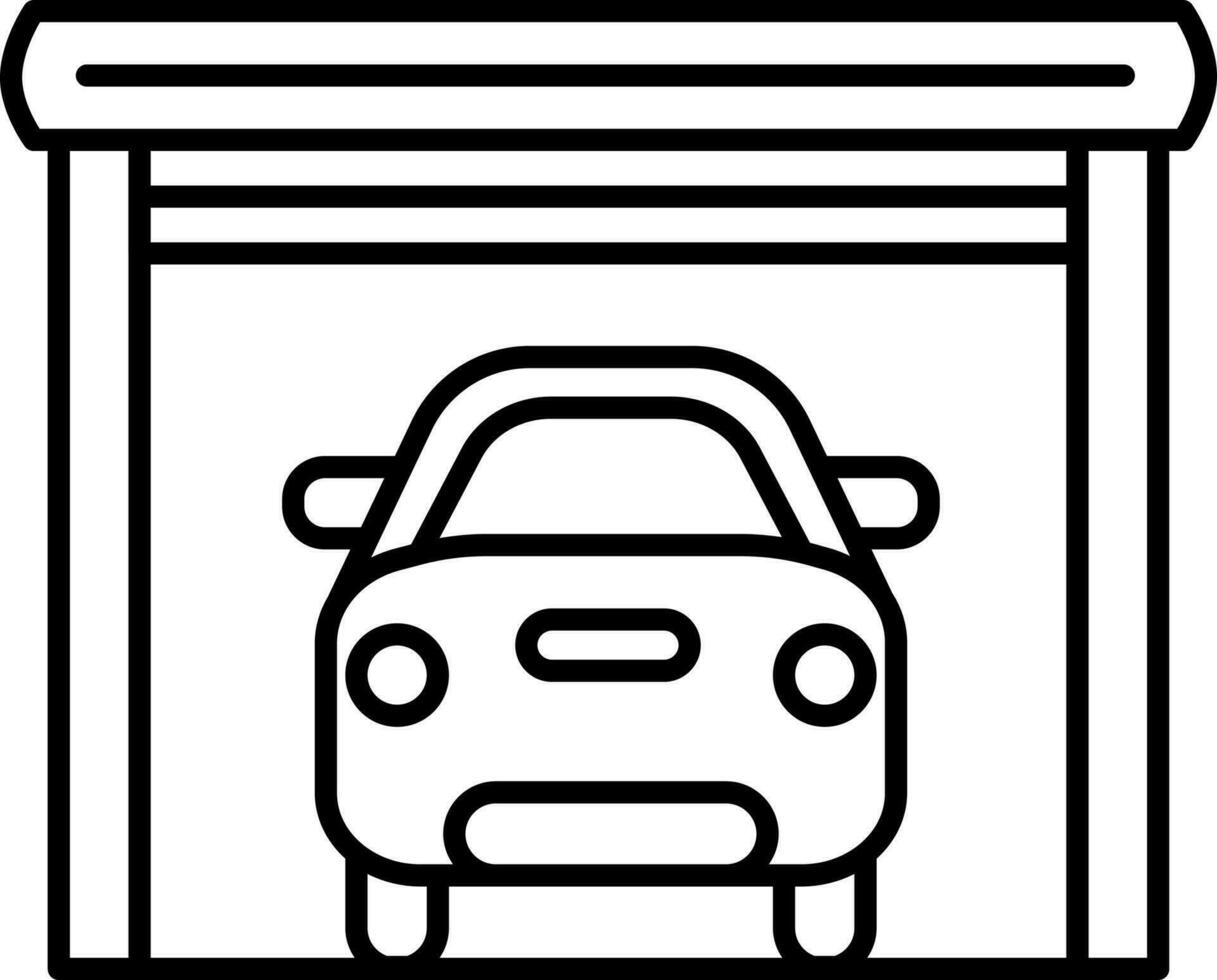 Car in garage icon in black line art. vector
