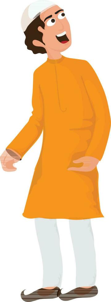 Happy muslim man wearing orange kurta and kopiah hat. vector