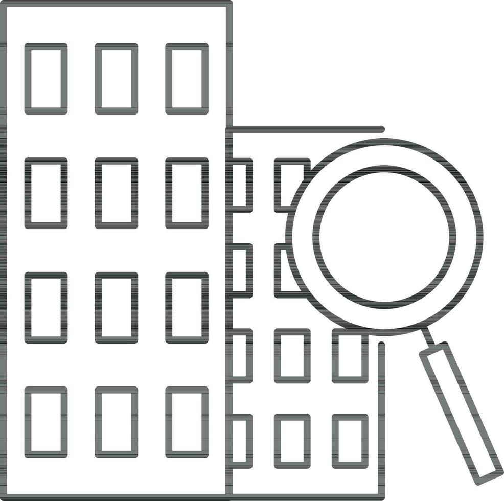 Black line art building with magniying. vector