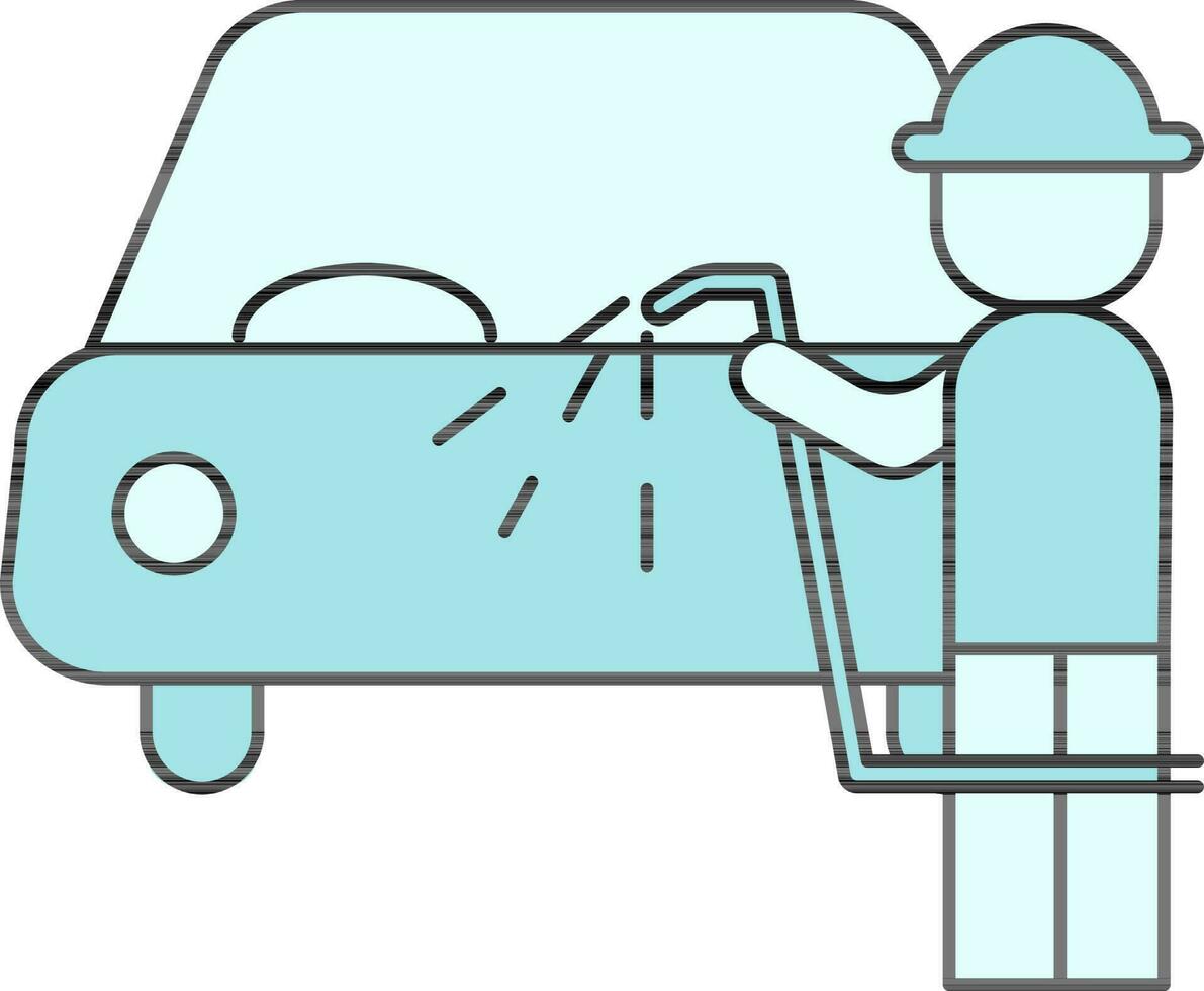 Man Washing Car with Water Pipe Icon in Flat Style. vector