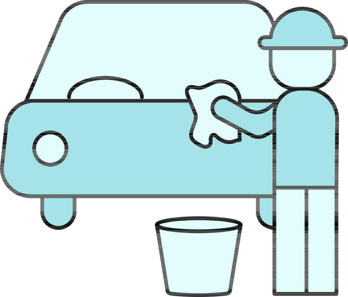 Flat Style Man Cleaning Car with Cloth and Bucket Turquoise Icon. vector