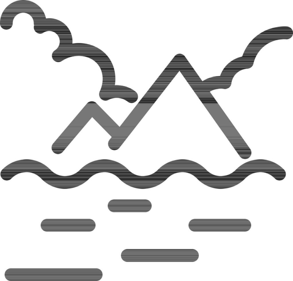 Cloud with mountain and river icon in black line art. vector