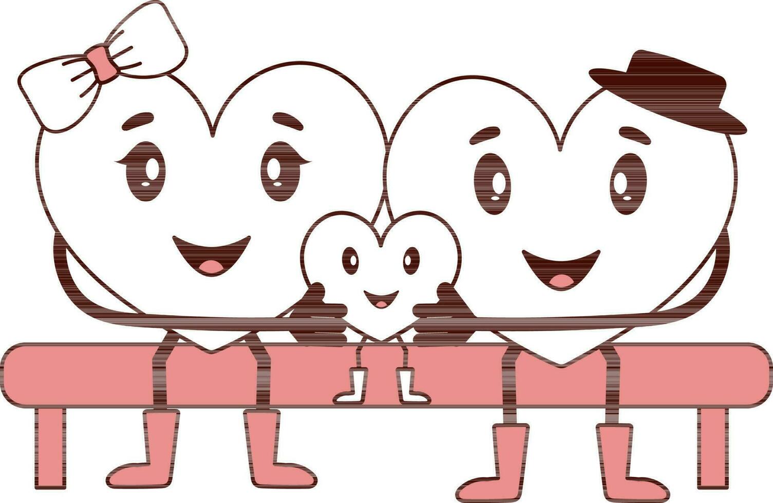 dibujos animados familia corazones personaje sentado en banco en plano estilo. vector