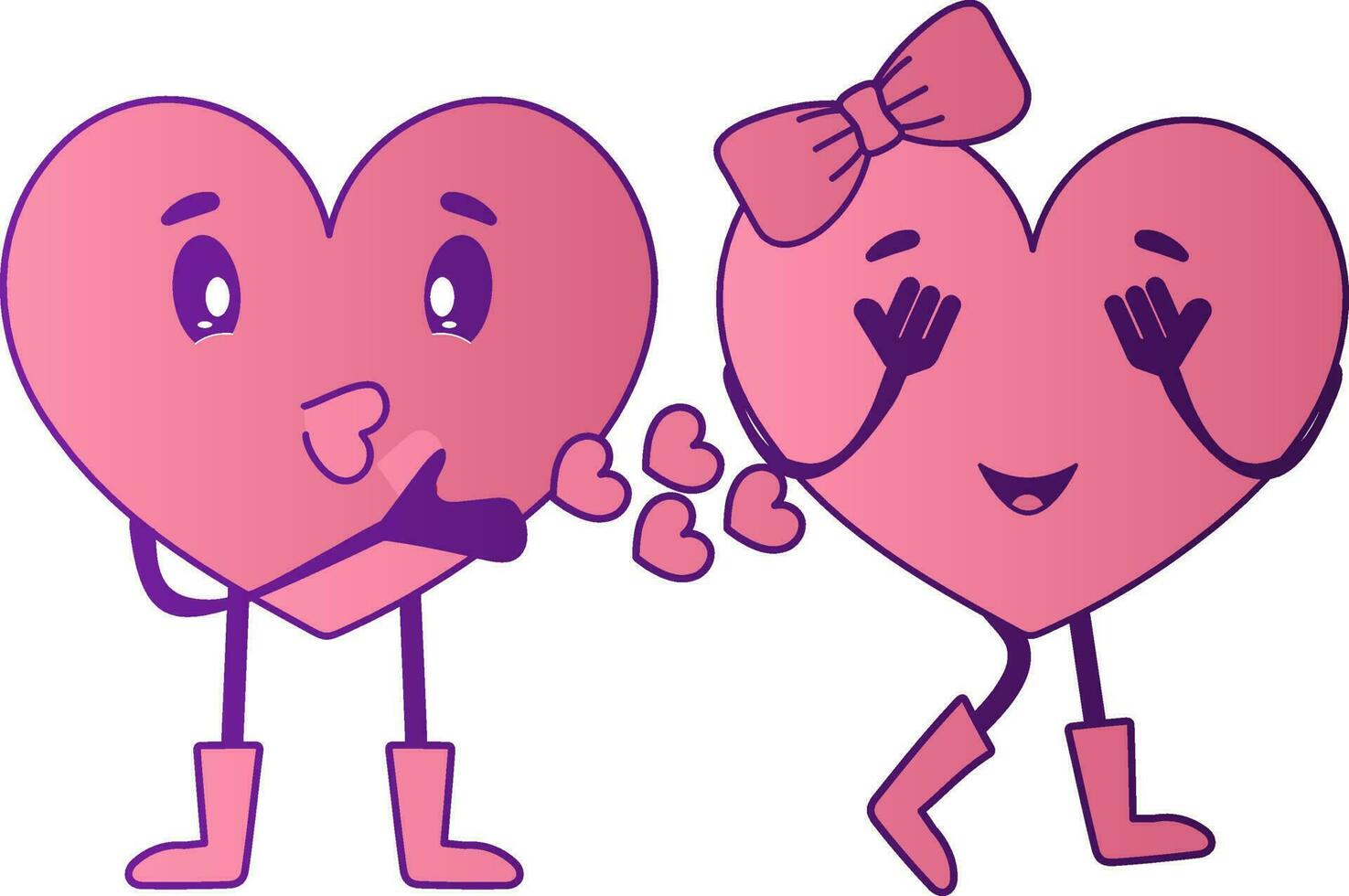 Cartoon Heart Passing Flying Kiss To Lover In Pink And Purple Color. vector