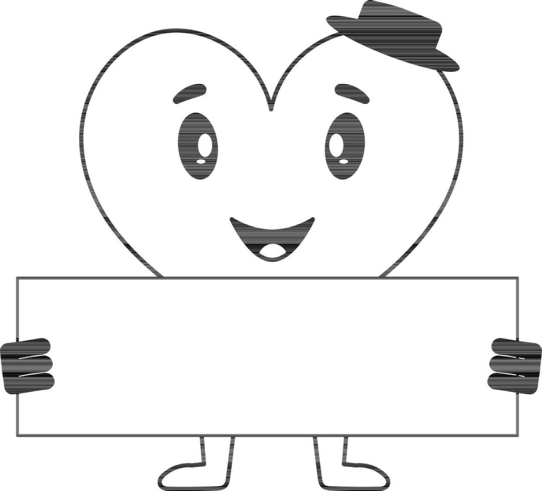 Cartoon Heart Male Holding Blank Paper In Black And White Color. vector