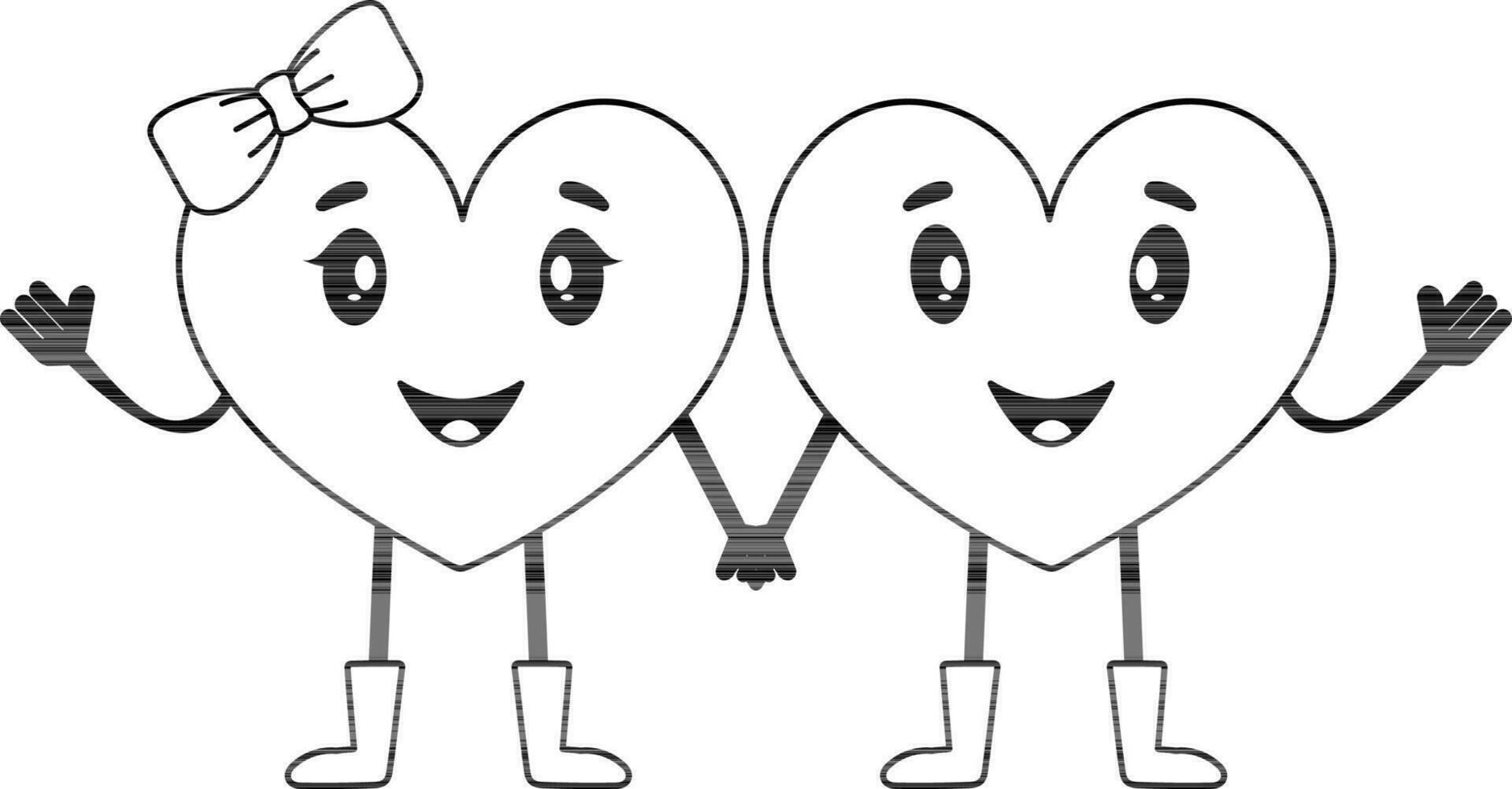 Cartoon Heart Couple Holding Hand Vector In Black And White Color.