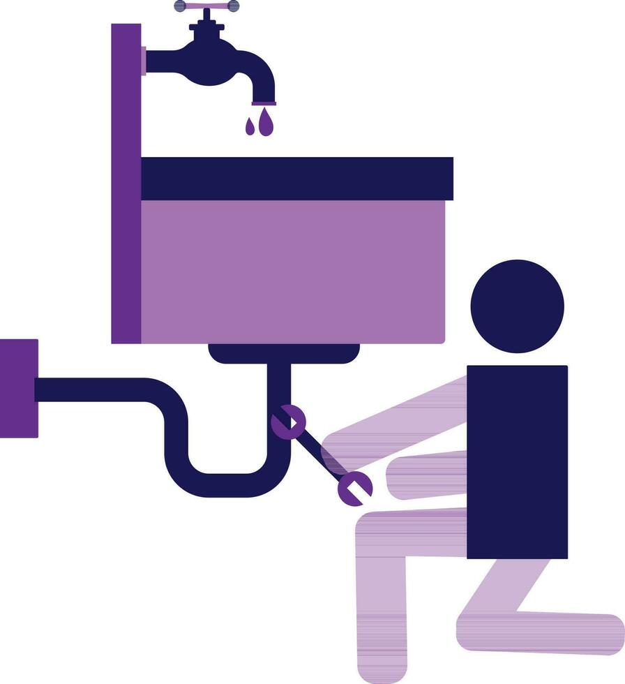 Character of man holding wrench and falling water in sink. vector