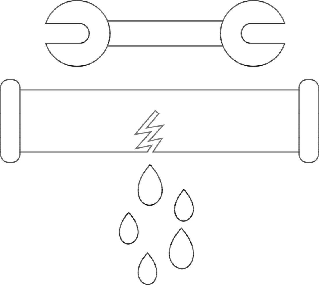 Black line art broken pipe with wrench in flat style. vector