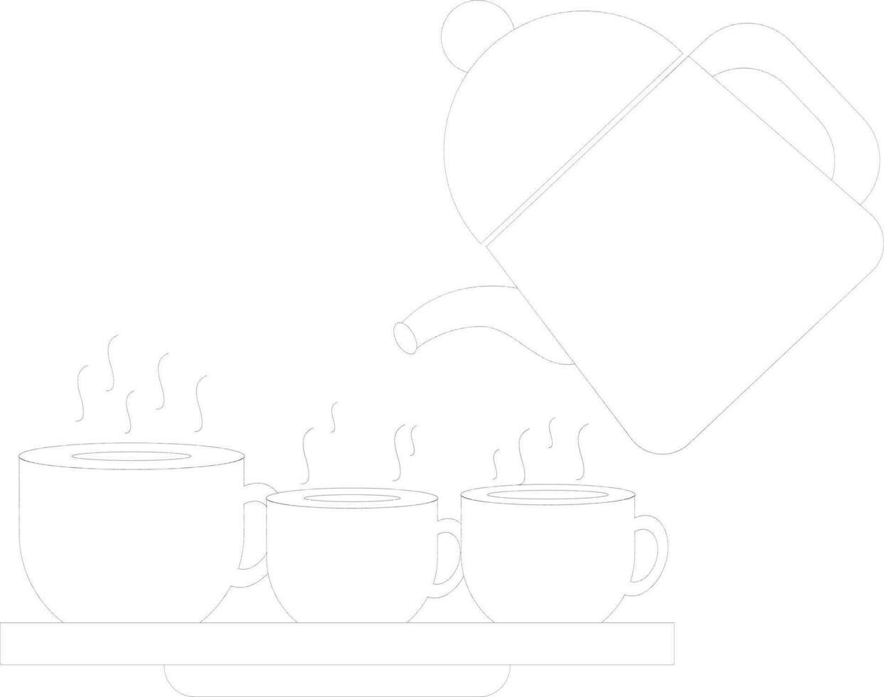 Hot tea in black line art cup on tray with kettle. vector