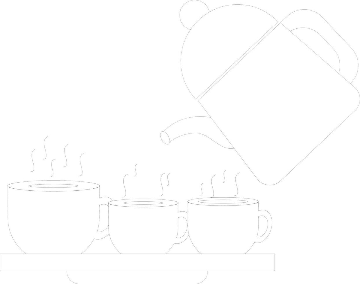 Hot tea in black line art cup on tray with kettle. vector