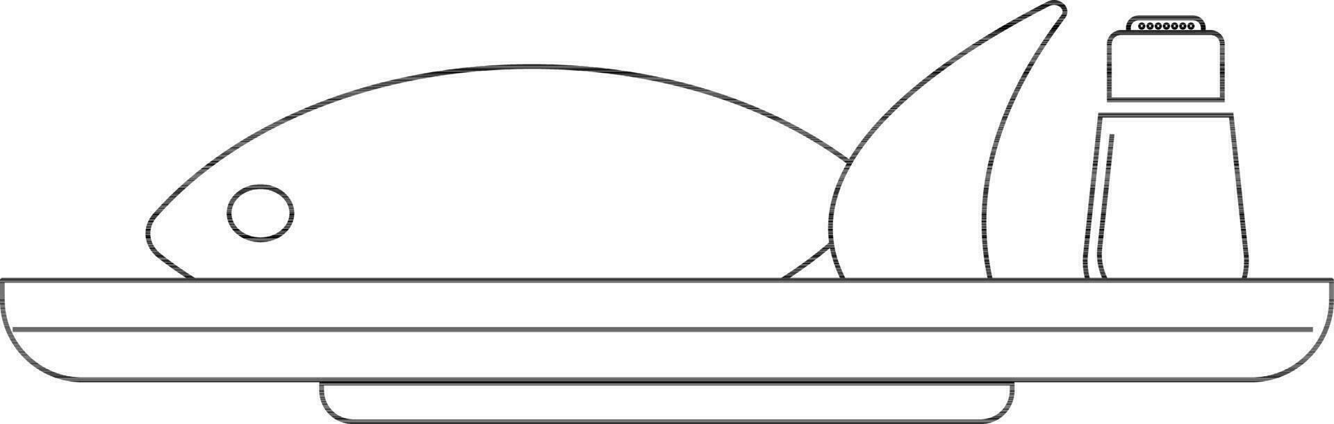 negro línea Arte pescado y espolvorear botella en lámina. vector