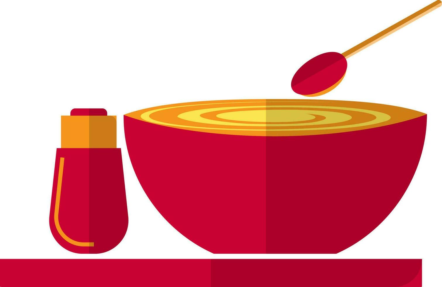 Red bowl with sprinkle bottle and spoon on tray. vector