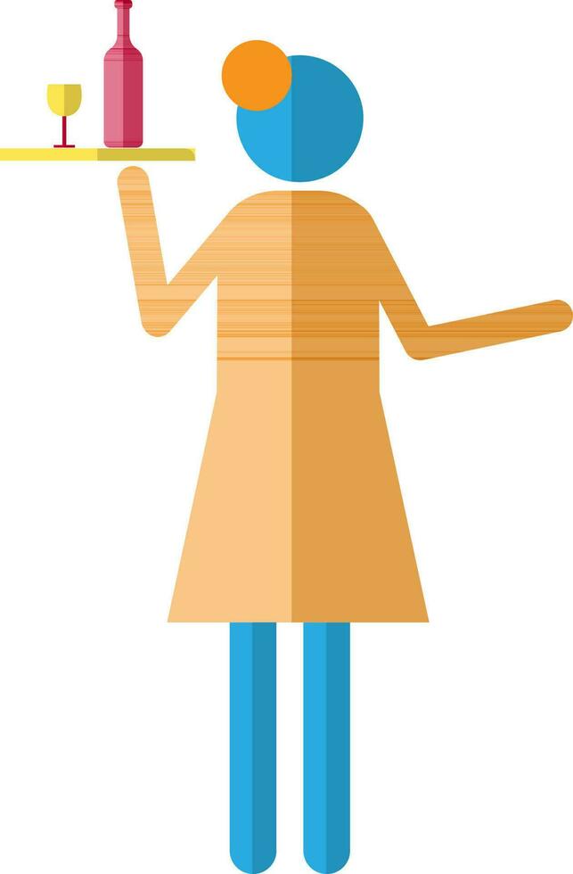 Character of woman holding cocktail glass and bottle on tray. vector