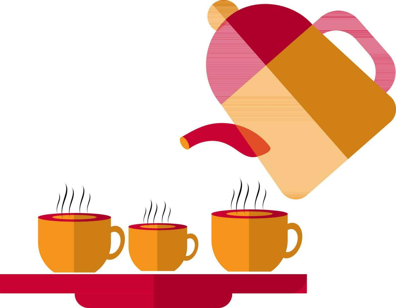 Hot tea in cup on tray with kettle. vector