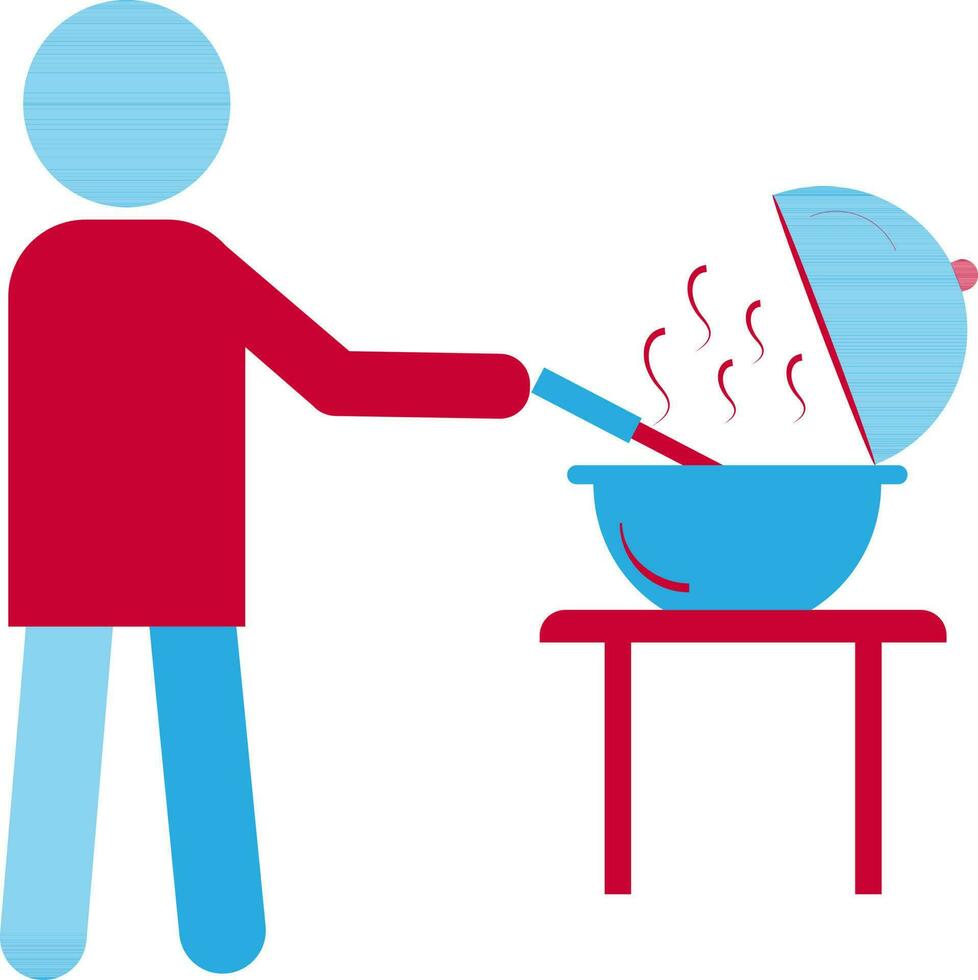 Character of man cooking food in casserole pan. vector