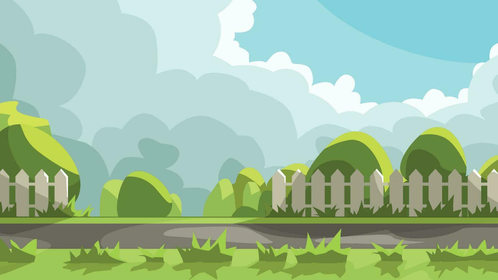 green nature sidewalk cartoon style cloudy weather vector