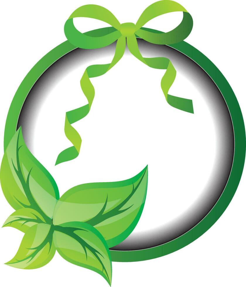 Glossy leaves and bow ribbon decorated blank circle frame. vector