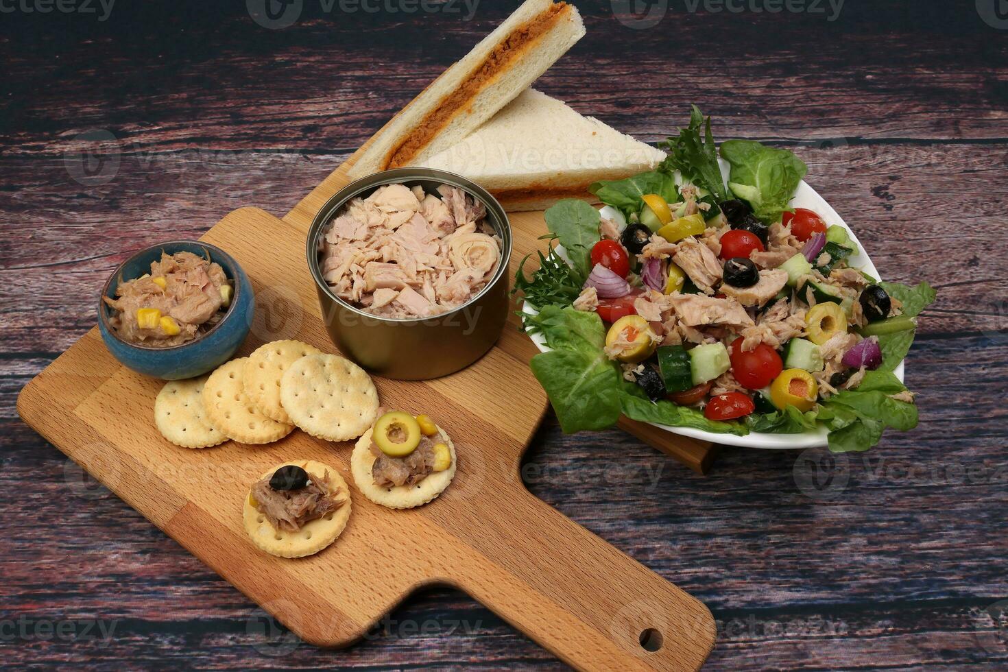 Tin can tuna fish meat chunk flake product recipes salad spread topping tapas cracker sandwich on wooden black slate board over rustic wooden table photo