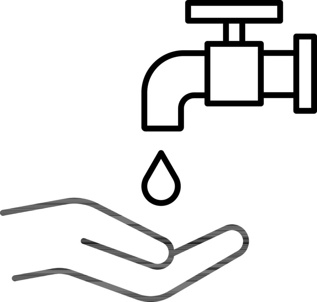 Save Water Or Faucet With Hand Icon In Black Outline. vector