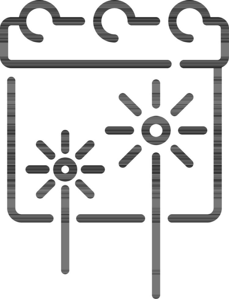 Fuegos artificiales palos con calendario icono en negro línea Arte. vector